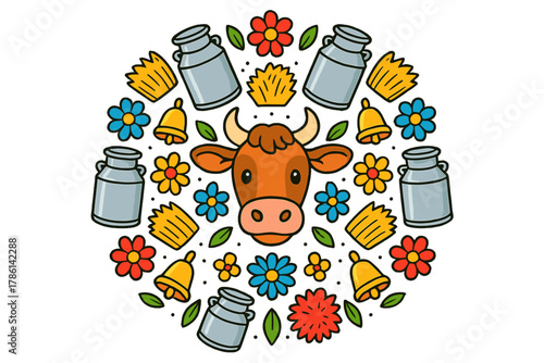 Cow Mandala Art. Cow head in the center with milk cans, bells, hay, and flowers arranged in a circular mandala pattern, bright