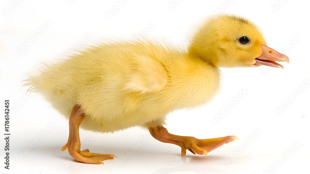 Fototapeta premium Cute baby duckling walking isolated on white