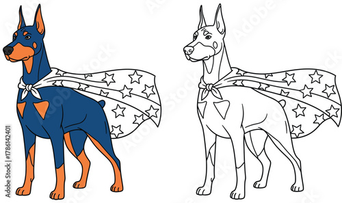Super Doberman with Star-Spangled Cape - Heroic Dog Illustration for Children's Books, Comics, and Pet-Themed Designs