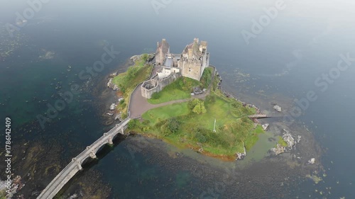 Aerial view of Eilean Donan Castle and lake Loch Duich in Scotland at sunrise