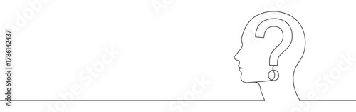Continuous one line drawing of a human head with a question mark inside. Concept of doubt, confusion and inquiry