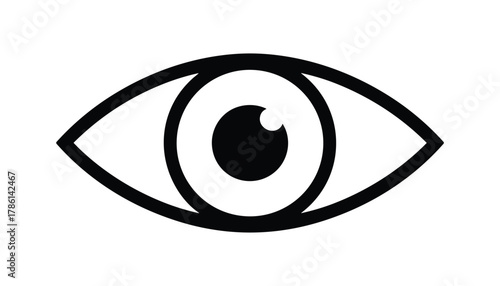 Simple black and white graphic illustration of a human eye with thick outlines iris pupil