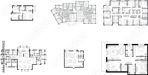 Set of six diverse architectural floor plans