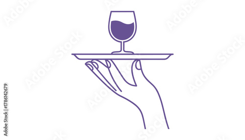 Purple outline hand holding a tray with a glass of purple liquid on a white background wine glass drink