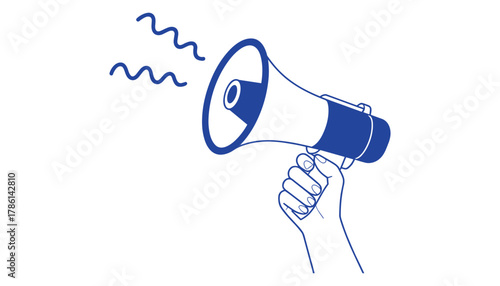 Blue outline hand holding a megaphone with sound waves emanating from it on a white background shouting