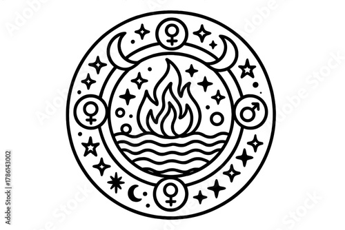 Alchemy Mandala Elements. Alchemy-inspired mandala with moons, stars, fire, water, and planetary symbols blending together, black