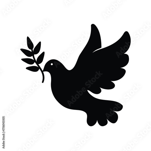 A minimalistic black silhouette of a dove carrying a sprig representing peace