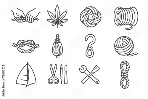 Hemp Crafting Icons. Line style icons of Hemp Crafting: Twisting Fibers, Hemp, Sailor's Craft, Coil; Rope Spool, Knot, Pulley,
