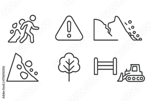 Landslide Safety Icons. Line style icons of Landslide Safety: Evacuation, Warning Sign, Slumping Ground, Debris Flow, Rockfall,
