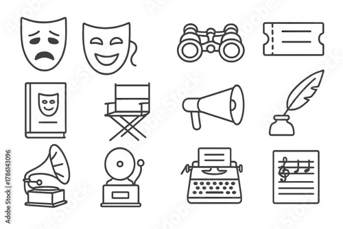 Theatrical Line Icons. Line style icons of theatrical relics: tragedy mask, comedy mask, opera glasses, ticket stub; play script,