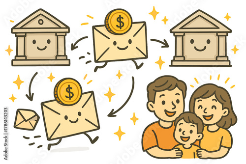 Happy Remittance Journey. Cheerful doodle remittance economy illustration with happy envelopes and coins traveling, cartoon banks
