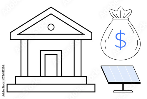 Bank building, a money bag with a dollar sign, and a solar panel. Ideal for sustainability, renewable energy funding, green banking, clean energy investment, eco-finance, climate action simple flat