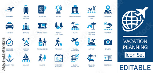 Vacation Planning and Travel solid icon set. Contains symbols for Airplane, Passport, Hotel Building, and Vacation Schedule. Flat vector design for travel booking apps and tourism marketing.