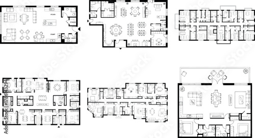 Collection of six different floor plans for residential buildings