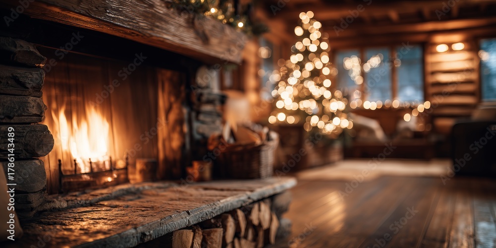 Fototapeta premium Cozy wooden cabin living room with roaring stone fireplace and bokeh-lit Christmas tree in warm glow. Rustic holiday hearth comfort, inviting festive winter sanctuary vibe.