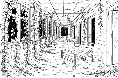 Eerie Abandoned Hospital. Abandoned hospital with shattered windows, vines inside hallways, broken beds, and eerie silence, black