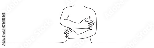 Continuous one line drawing of a person hugging themselves. Concept of self-love, comfort and loneliness