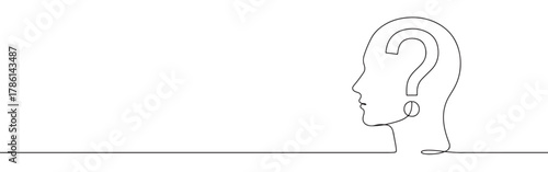 Continuous one line drawing of a human head with a question mark inside. Concept of doubt, confusion and inquiry
