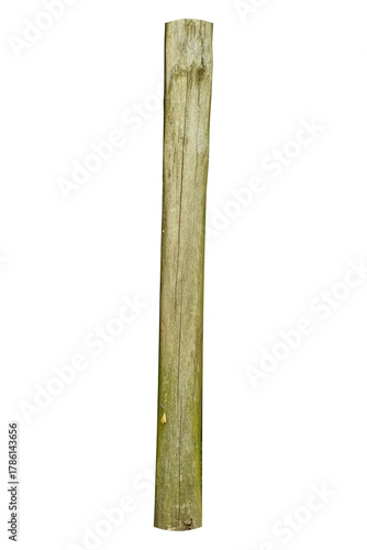 Weathered wooden fence post with cracks and green moss is isolated.