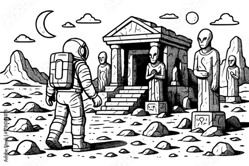 Astronaut Uncovers Alien Ruins. Astronaut discovering ruins of an alien temple on a barren planet with mysterious statues, black