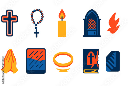 Noir Faith Icons. Flat vector icons of Noir Faith: neon cross, rosary, candle flame, confession booth, folded hands, rain on glass