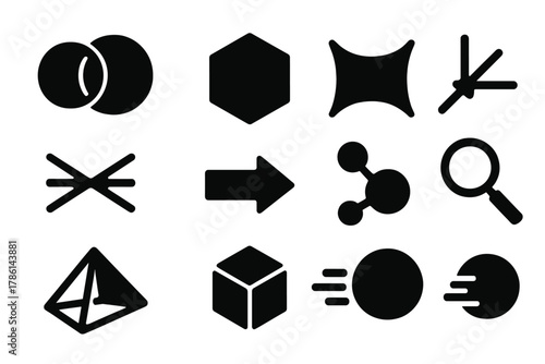 Bubble Geometry Icons. Solid style icons of Plateau’s laws and bubble geometry: intersecting bubbles, hexagonal cell, curved film,