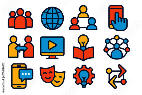 Tech Societal Icons. Flat vector icons of societal and cultural implications of technology: community icon, globe, connected