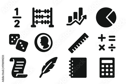 Probability Calculation Icons. Solid style icons of calculating odds and probability: fraction, abacus, graph, pie chart, dice,