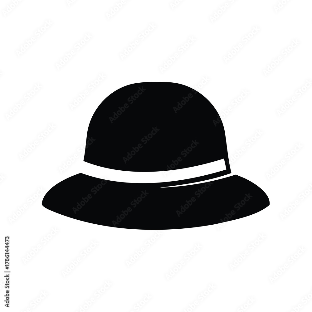 Fototapeta premium Simple black cloche hat silhouette with white band on a white background