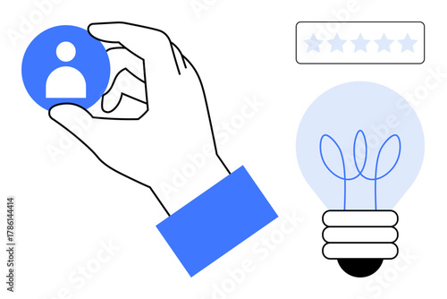 Hand grasping user profile icon next to a glowing lightbulb and a star rating bar. Ideal for recruitment, creativity, innovation, feedback systems, user research, rating, and team-building. A simple