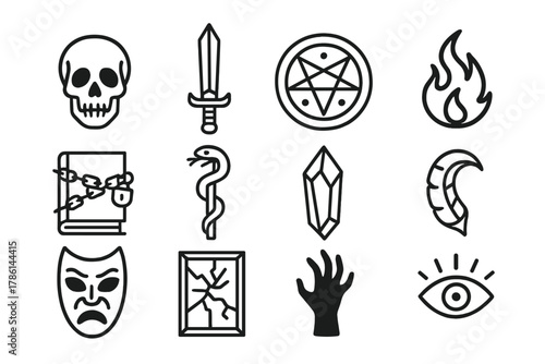 Dark Sorcery Icons. Line style icons of dark sorcery: skull, ritual dagger, spell circle, black flame; chained book, serpent staff