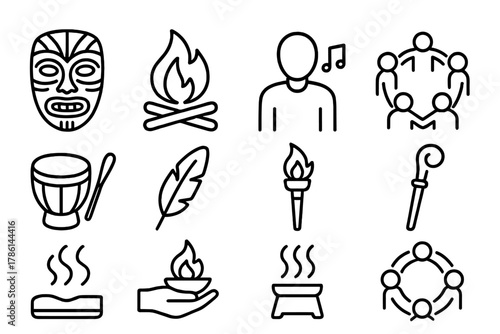 Sacred Ritual Icons. Line style icons of Sacred Gathering: Ritual Mask, Sacred Fire, Chant, Community Circle; Drum, Feather, Torch