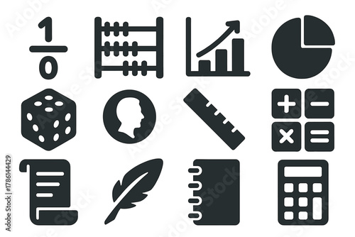 Probability Calculation Icons. Solid style icons of calculating odds and probability: fraction, abacus, graph, pie chart, dice,