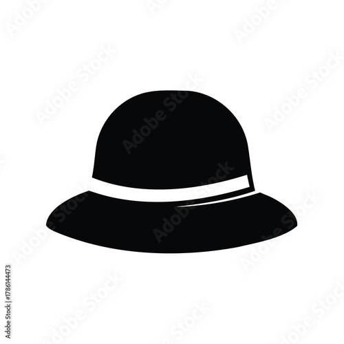 Simple black cloche hat silhouette with white band on a white background