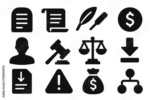 Ancient Debt Forgiveness Icons. Solid style icons of ancient debt forgiveness laws: tablet, scroll, quill, coin, human silhouette,