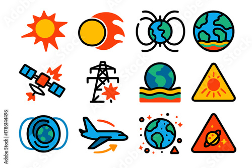 Extreme Space Weather Icons. Flat vector icons of extreme space weather events: super flare burst, massive CME wave, geomagnetic