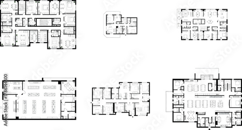 Compilation of six distinct floor plan designs for housing, architectural drawings on transparent background