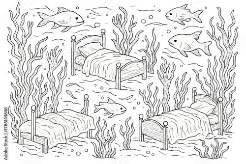 Underwater Dreamscape. Dreamlike underwater nightmare with floating beds, ghostly fish, and tangled seaweed resembling hands,