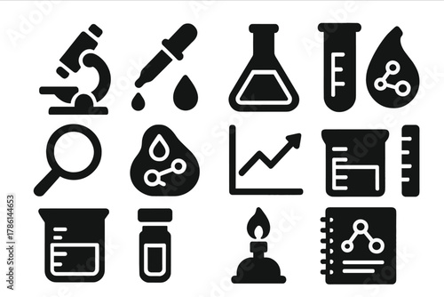 Adhesive Analysis Icons. Solid style icons of chemical analysis of adhesives: microscope, pipette, test tube, flask, magnifying