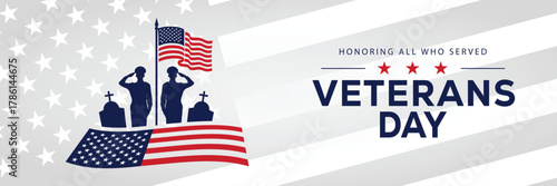 Veterans Day banner with a soldier silhouette saluting, flanked by American flags, set against a background of stars and stripes. Honors veterans and service members who served the USA.