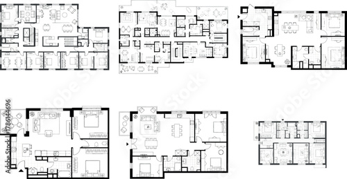 Set of six architectural floor plans, showing various residential property layouts