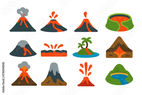 Volcano Icon Collection. Flat vector icons of volcano types: stratovolcano, shield volcano, cinder cone, caldera, lava dome,