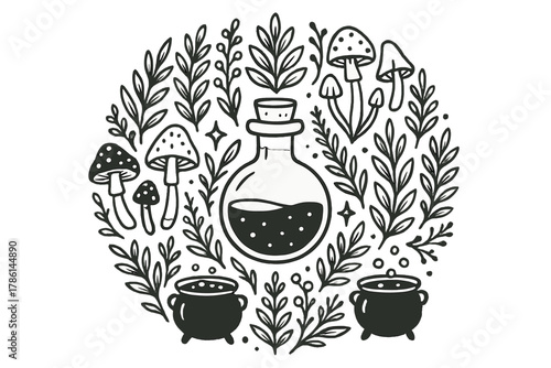 Magic Potion Mandala. Potion bottle in the middle with herbs, mushrooms, cauldrons, and stars arranged in decorative circular