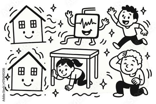 Cheerful Quake Preparedness. Playful doodle earthquake preparedness illustration with smiling houses, cartoon seismometers waving,