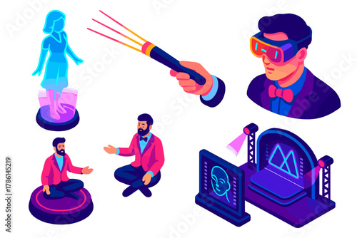 Futuristic Magic Show Icons. Isometric vector illustration set Future of Magic Shows: holographic assistant, laser wand, augmented