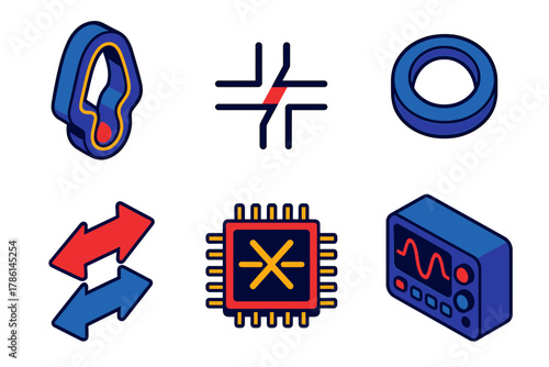 Superconducting Circuits Icons. Isometric vector illustration set Superconducting Circuits: SQUID device, Josephson junction