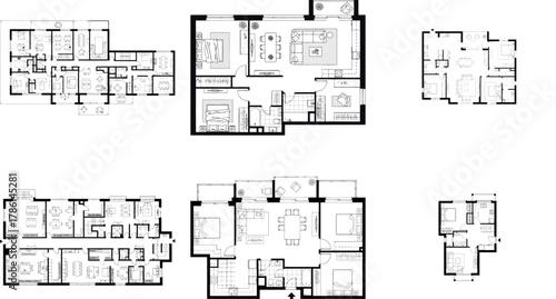 Set of six diverse apartment floor plans presented on a transparent background