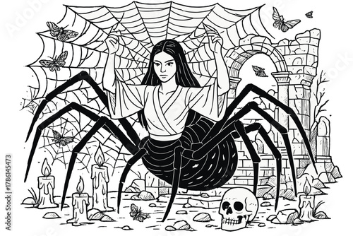 Jorogumo Spider Weaving. Jorogumo spider woman weaving webs over a ruined temple with moths, skulls, and broken candles, black and