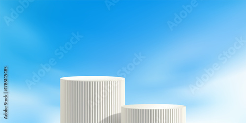 White poduim on sky bg, product platform in blue cloud. Cosmetic display summer stand, Spring nature banner. Minimal stage mockup, abstract vector pastel backdrop. Light soft presentation, step scene