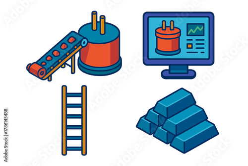 Industrial Biohydrometallurgy Icons. Isometric vector illustration set Industrial Biohydrometallurgy: Conveyor feeding bioleaching